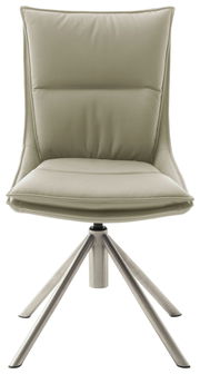 Moderner Stuhl mit gepolsterter Sitzfläche und Rückenlehne in hellem Beige, auf einem stabilen Metallgestell mit vier Beinen. Frontalansicht.