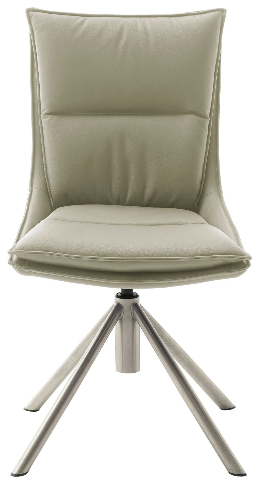 Moderner Stuhl mit gepolsterter Sitzfläche und Rückenlehne in hellem Beige, auf einem stabilen Metallgestell mit vier Beinen. Frontalansicht.