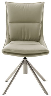 Moderner Stuhl mit gepolsterter Sitzfläche und Rückenlehne in hellem Beige, auf einem stabilen Metallgestell mit vier Beinen. Frontalansicht.