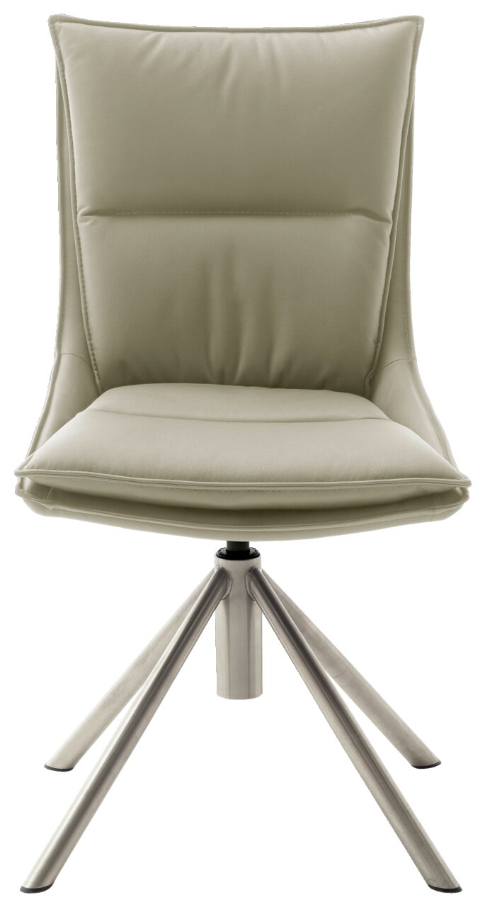 Moderner Stuhl mit gepolsterter Sitzfläche und Rückenlehne in hellem Beige, auf einem stabilen Metallgestell mit vier Beinen. Frontalansicht.