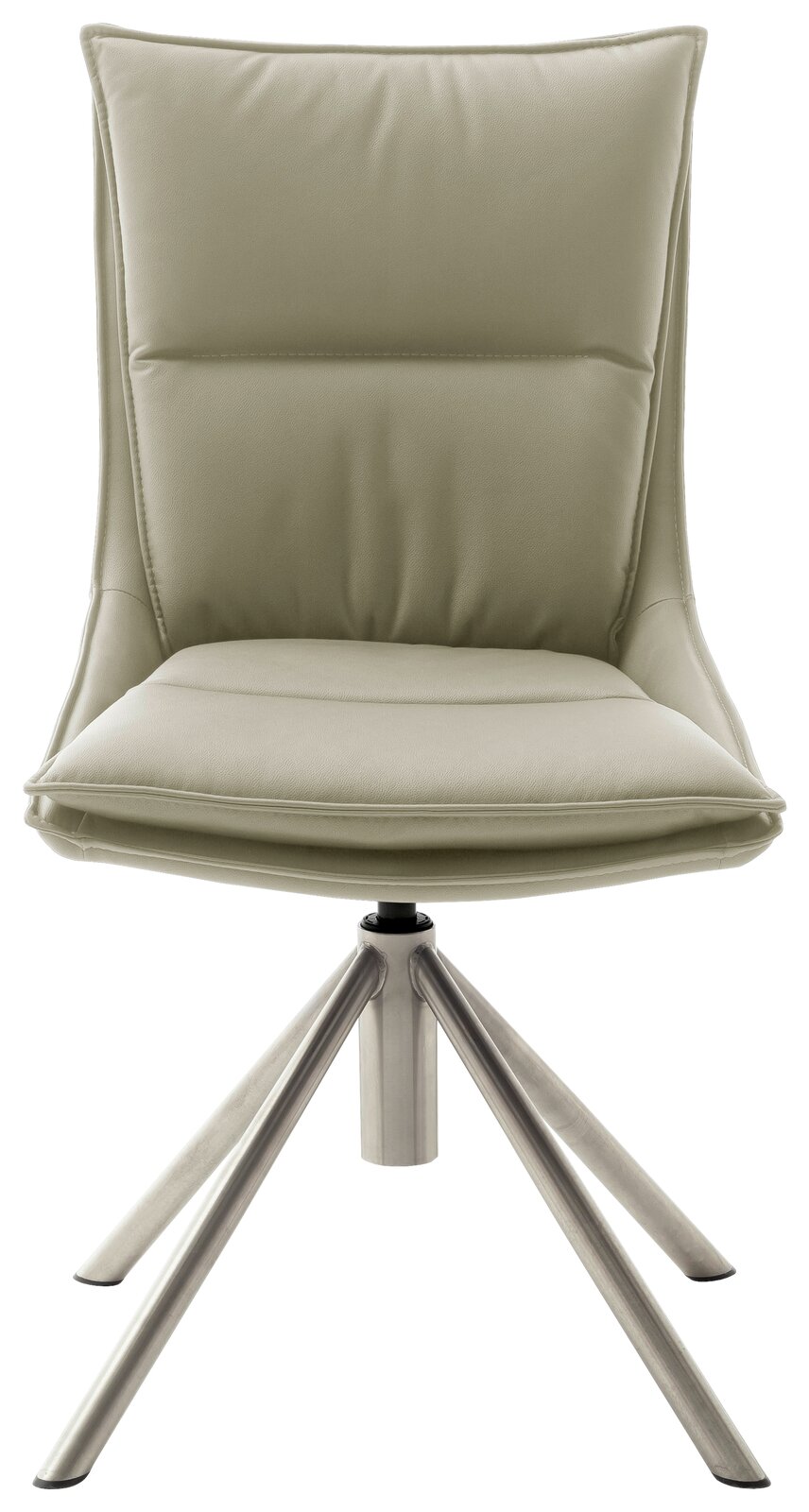 Moderner Stuhl mit gepolsterter Sitzfläche und Rückenlehne in hellem Beige, auf einem stabilen Metallgestell mit vier Beinen. Frontalansicht.