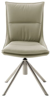 Moderner Stuhl mit gepolsterter Sitzfläche und Rückenlehne in hellem Beige, auf einem stabilen Metallgestell mit vier Beinen. Frontalansicht.