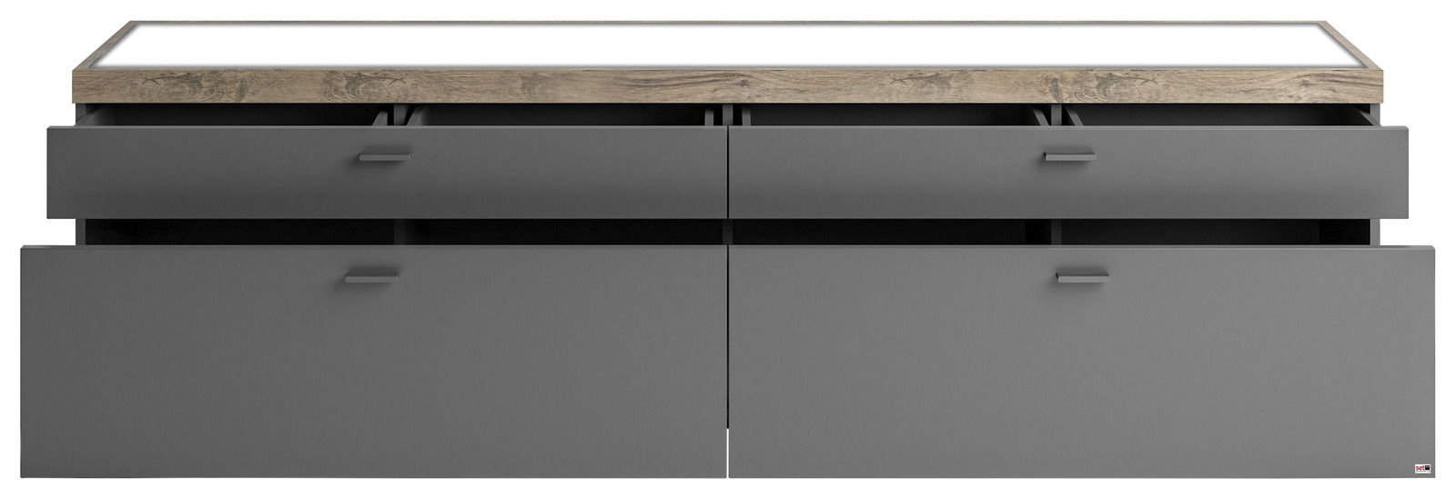 TV-Lowboard in grauer Farbe mit Holzoberfläche, zwei offenen Schubladen und zwei geschlossenen Fächern, Frontalansicht