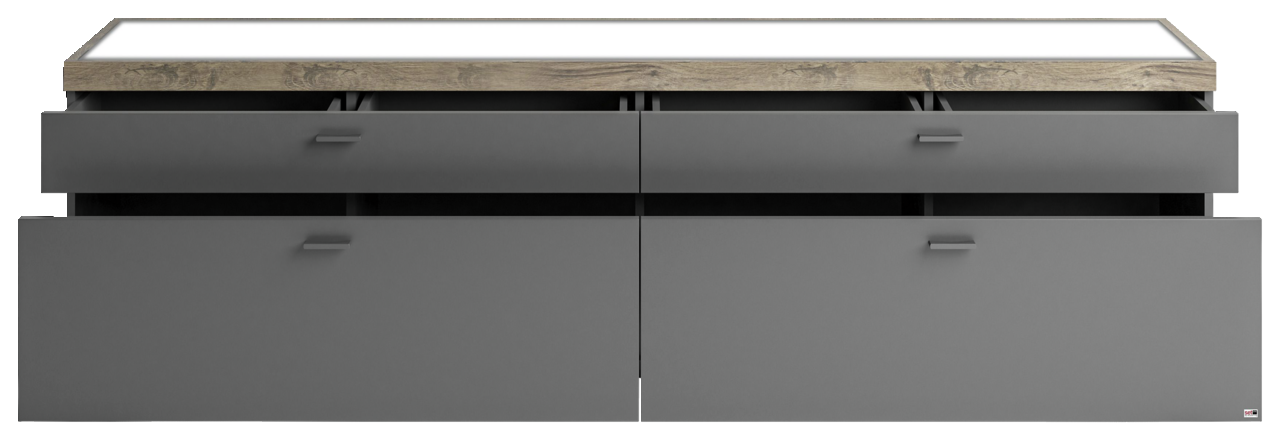TV-Lowboard in grauer Farbe mit Holzoberfläche, zwei offenen Schubladen und zwei geschlossenen Fächern, Frontalansicht