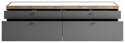 TV-Lowboard in grauer Farbe mit Holzoberfläche, zwei offenen Schubladen und zwei geschlossenen Fächern, Frontalansicht