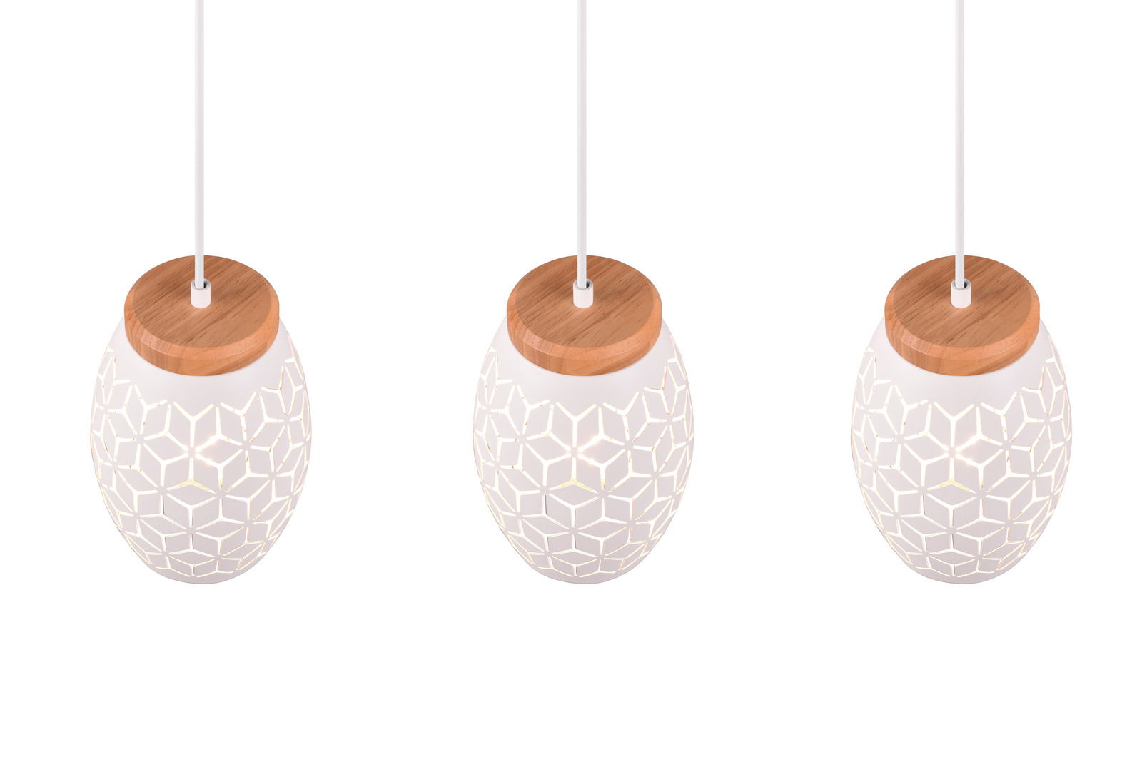 Reality Leuchten Pendelleuchte BIDAR Drei moderne Pendelleuchten mit geometrischem Muster und Holzdetails, Ansicht von schräg oben.