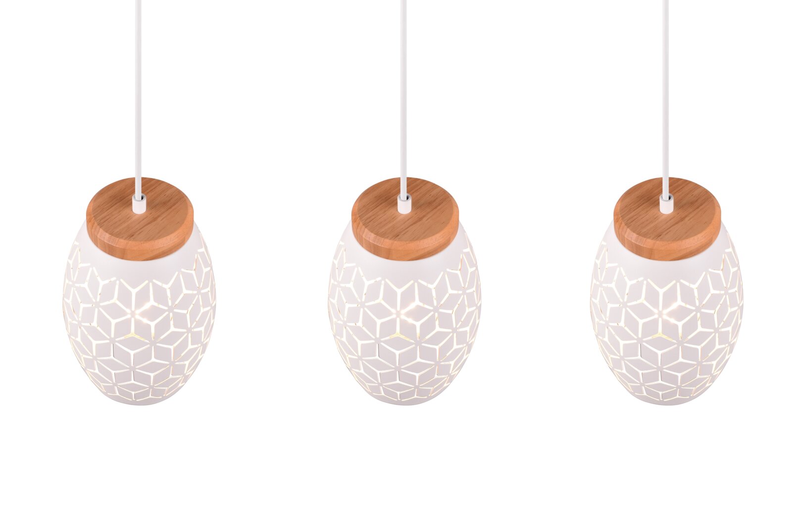 Reality Leuchten Pendelleuchte BIDAR Drei moderne Pendelleuchten mit geometrischem Muster und Holzdetails, Ansicht von schräg oben.