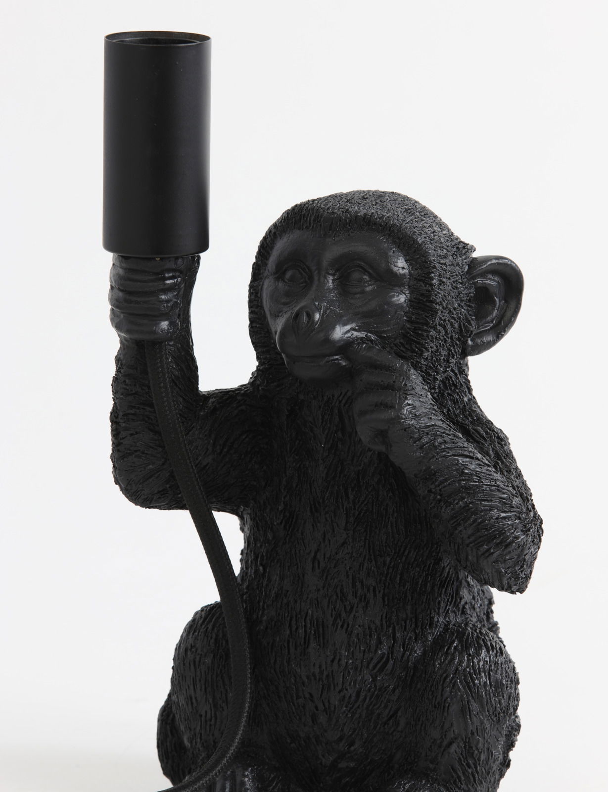 Schwarze Tischleuchte in Form eines sitzenden Affen, der eine Lampenfassung in der Hand hält. Frontalansicht.