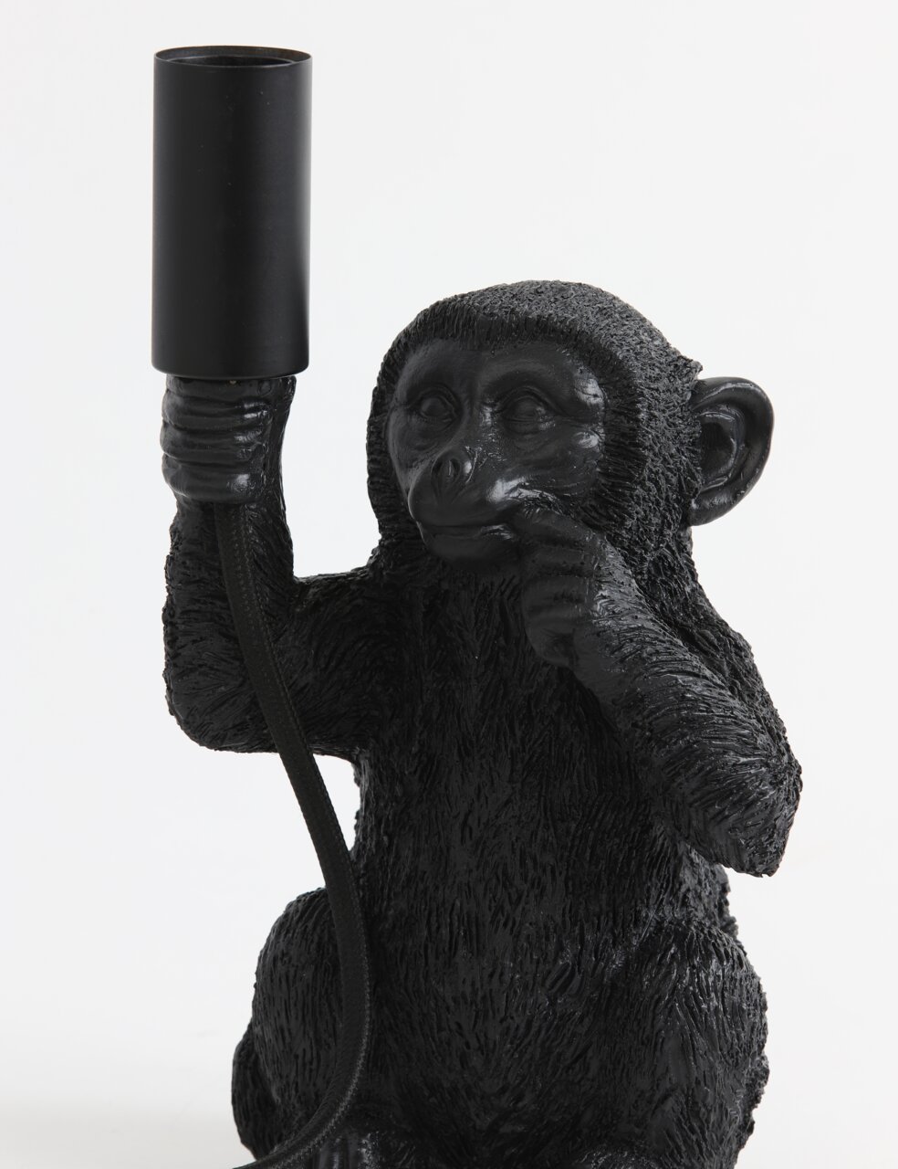 Schwarze Tischleuchte in Form eines sitzenden Affen, der eine Lampenfassung in der Hand hält. Frontalansicht.