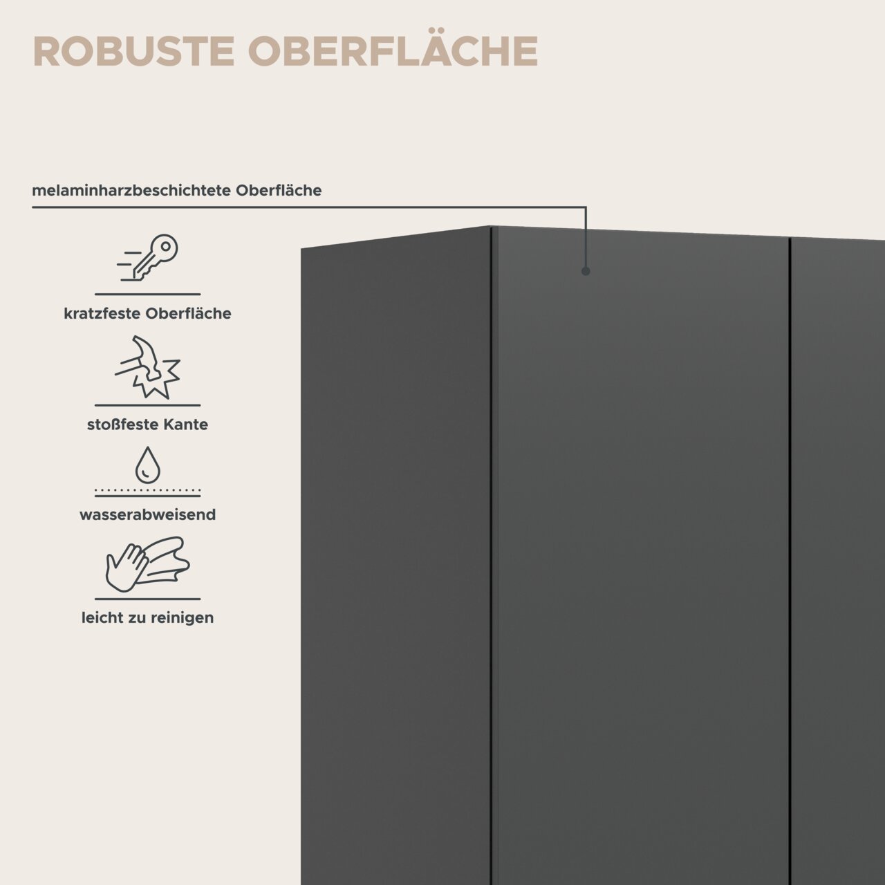 Dunkelgraue, melaminharzbeschichtete Möbeloberfläche in Nahaufnahme aus leicht schräger Frontperspektive; robust, kratzfest, stoßfeste Kante, wasserabweisend und leicht zu reinigen.