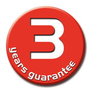 Rotes Abzeichen mit der Aufschrift '3 years guarantee' in weißer Schrift, Vorderansicht