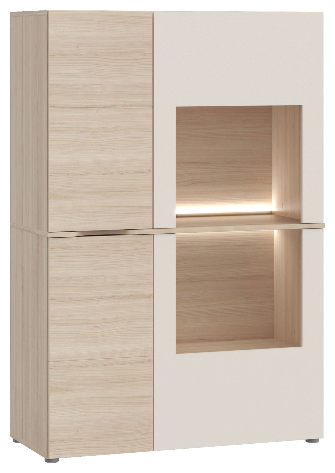 Moderne Vitrine aus hellem Holz mit integriertem LED-Licht, frontal betrachtet.