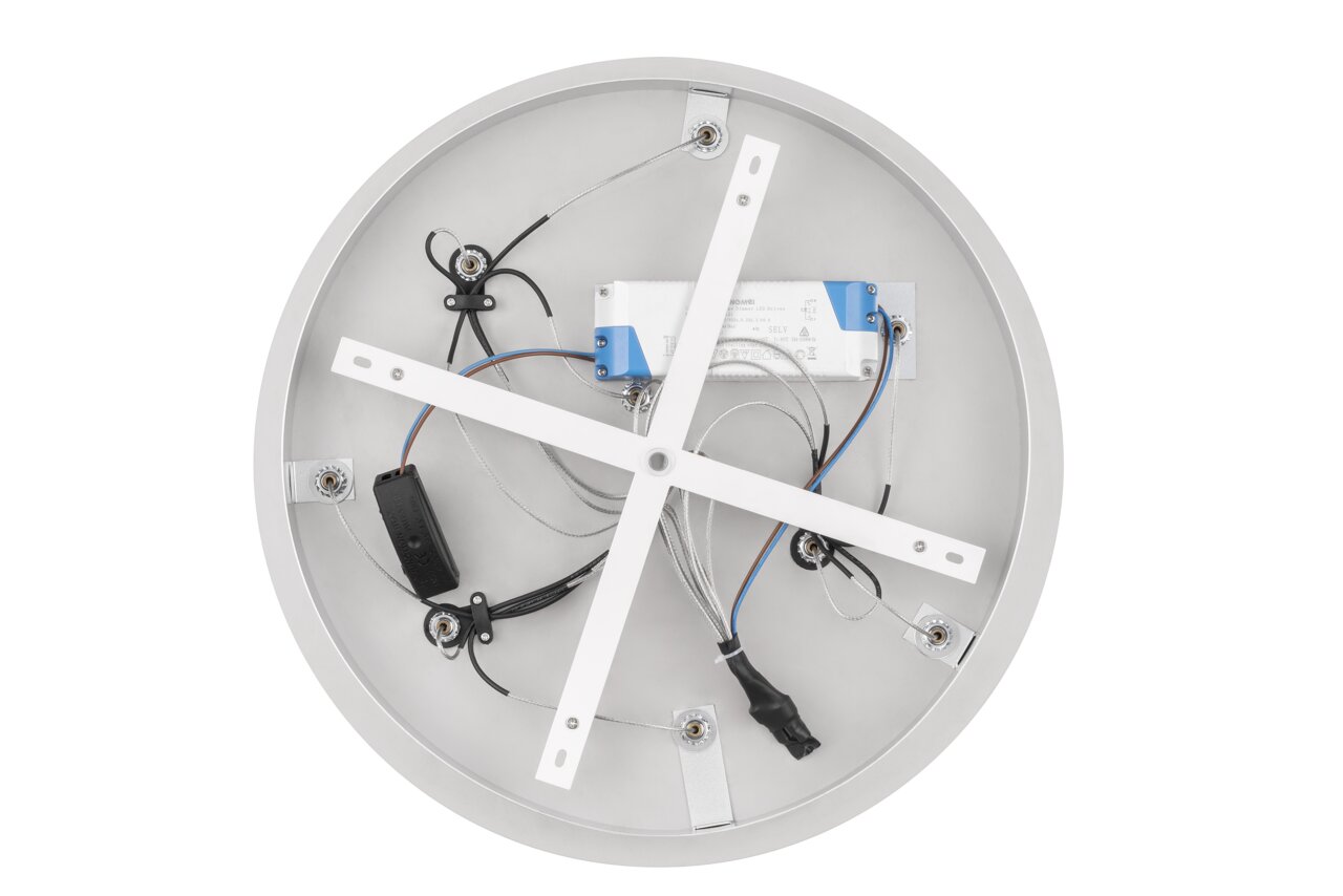 Rückansicht einer runden LED-Hängeleuchte mit sichtbaren Kabeln und Befestigungselementen.