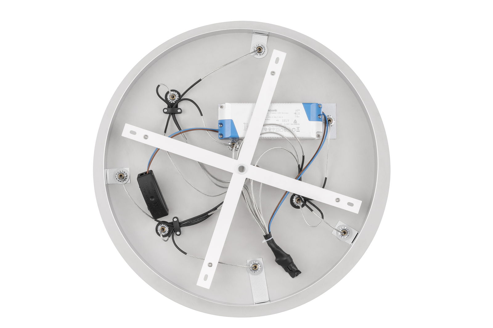 Rückansicht einer runden LED-Hängeleuchte mit sichtbaren Kabeln und Befestigungselementen.