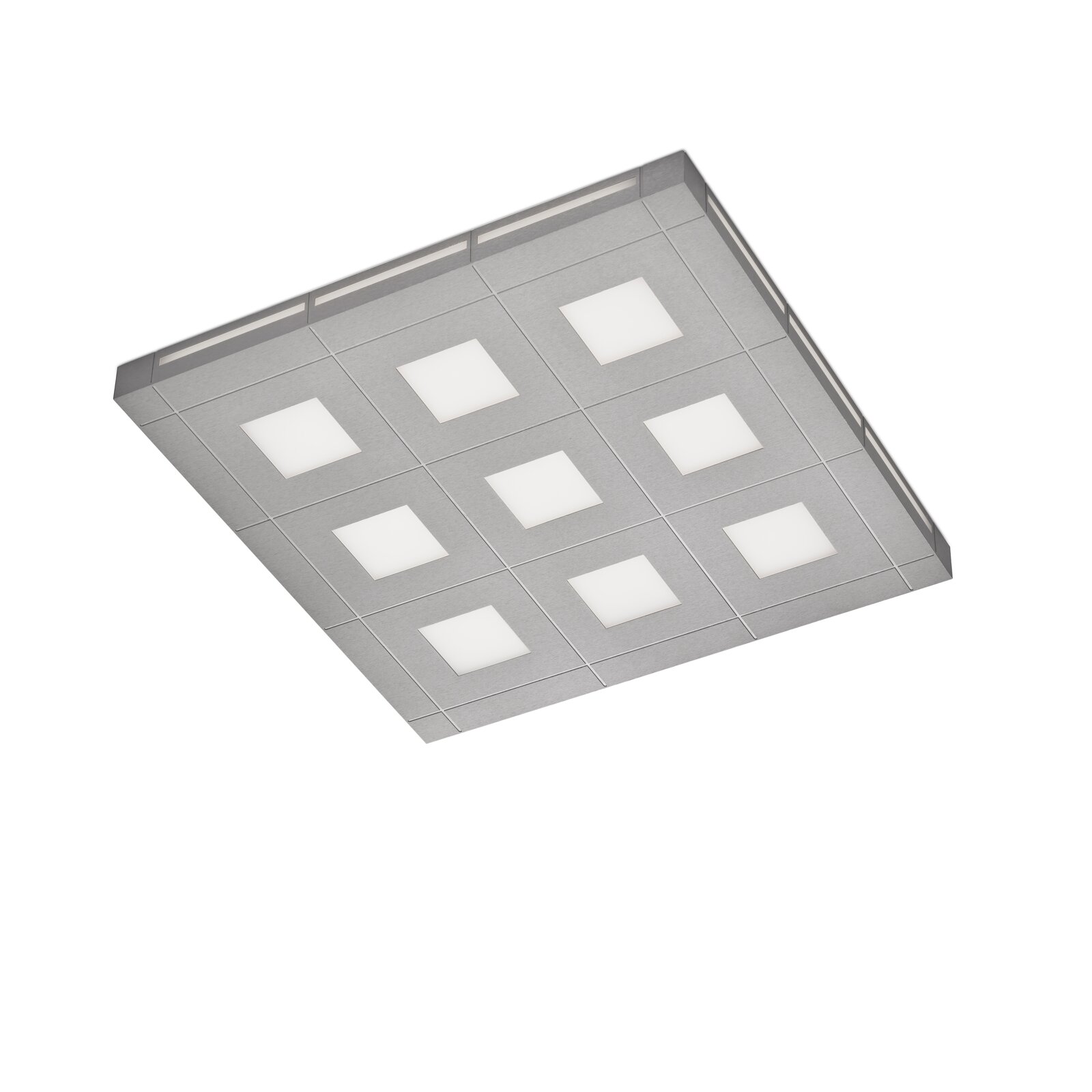 Quadratische Deckenleuchte in gebürsteter Metalloptik mit neun quadratischen Lichtfeldern und dekorativem Linienraster, aus schräger Untersicht dargestellt