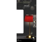 LED wiederaufladbare Tischlampe mit rotem Schirm und goldenem Standfuß, seitliche Perspektive