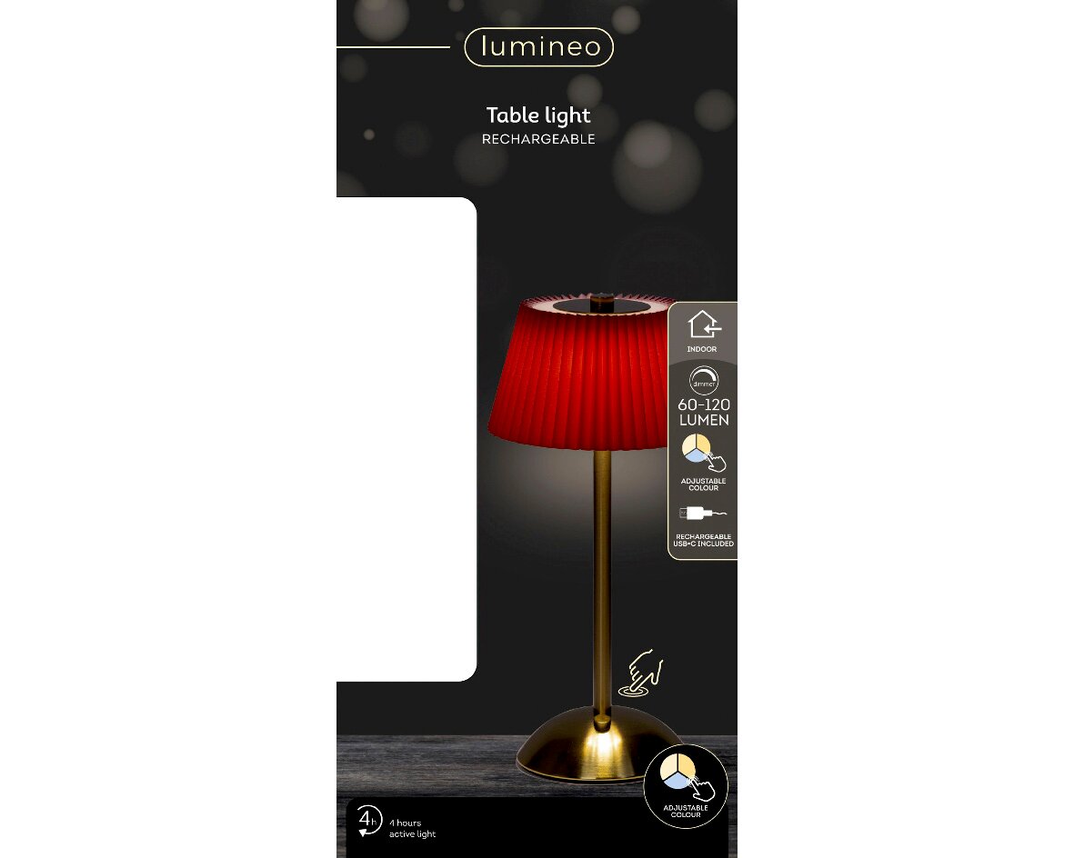 Oplaadbare LED-tafellamp met rode kap en gouden voet, zijaanzicht