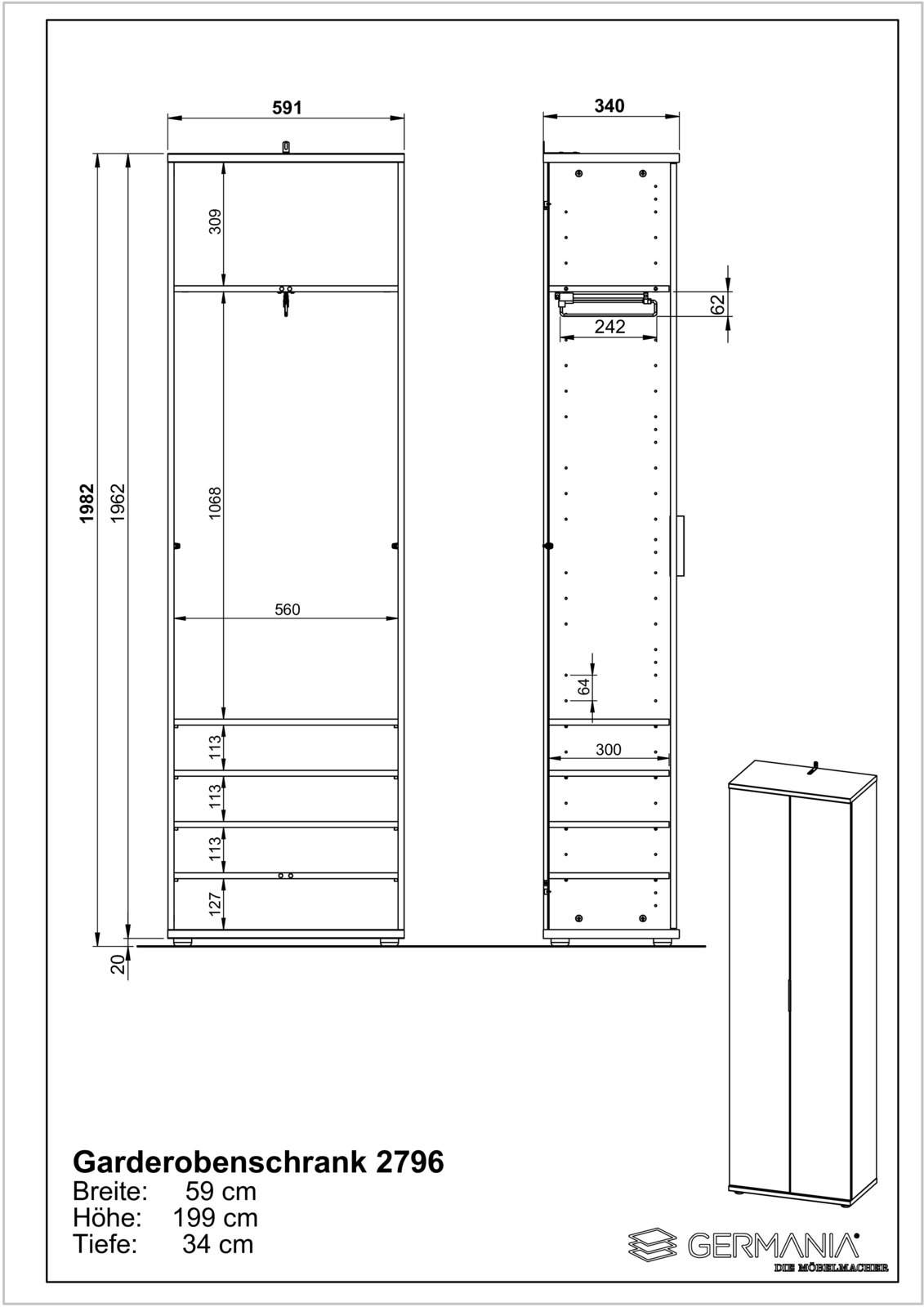 Technische Zeichnung eines Garderobenschranks mit den Maßen: Breite 59 cm, Höhe 199 cm, Tiefe 34 cm. Front- und Seitenansicht des Schranks.