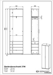 Technische Zeichnung eines Garderobenschranks mit den Maßen: Breite 59 cm, Höhe 199 cm, Tiefe 34 cm. Front- und Seitenansicht des Schranks.
