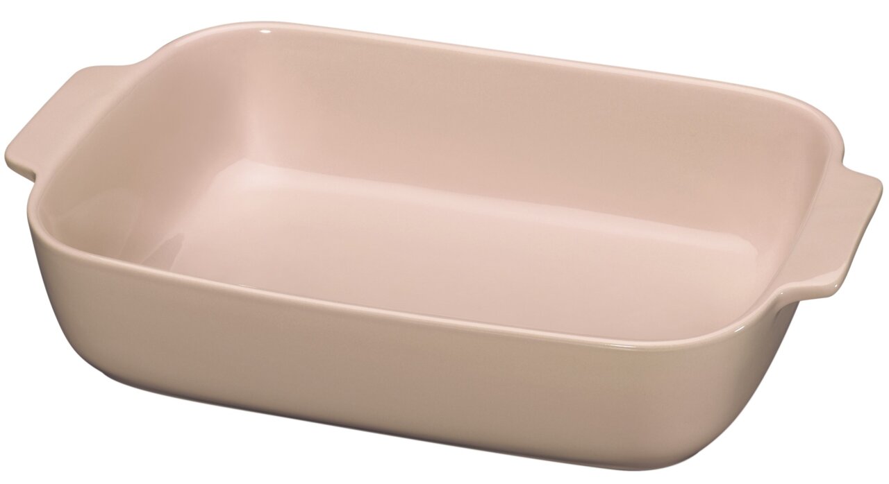 Rechteckige Gratinform aus Keramik in Beige, seitliche Perspektive