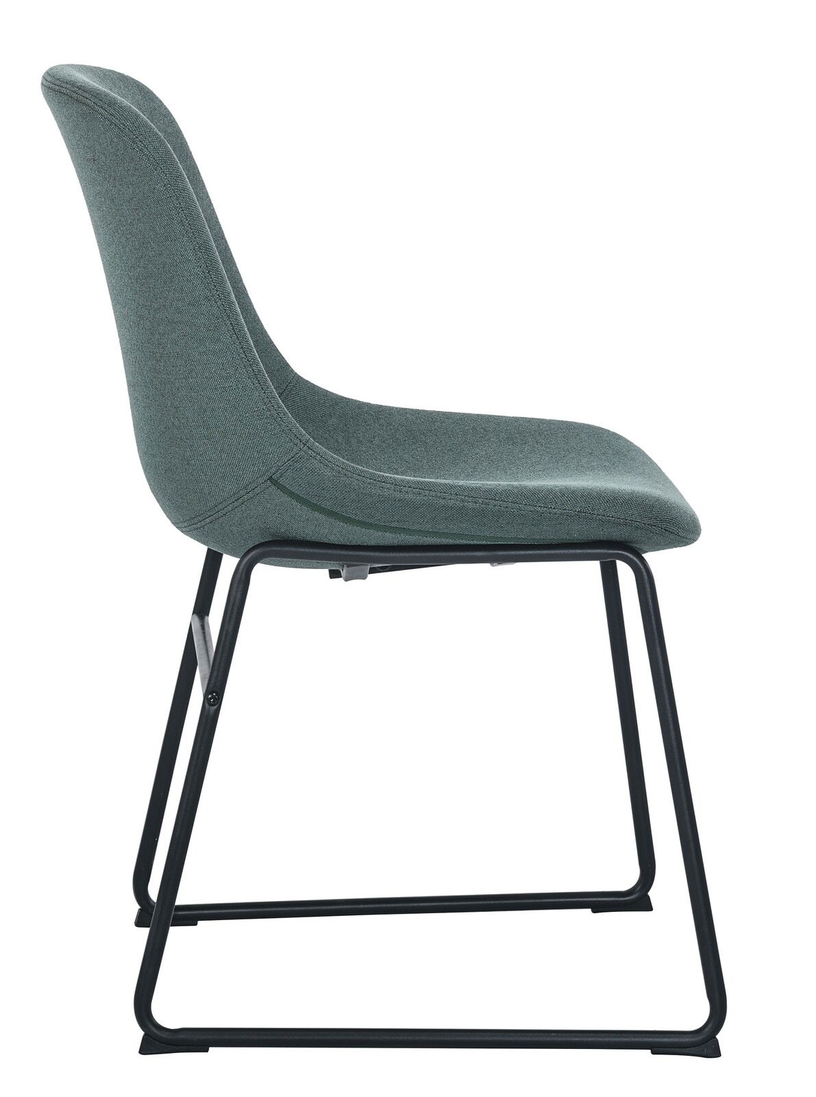 Moderner Stuhl mit grauem Stoffbezug und schwarzem Metallgestell, Seitenansicht