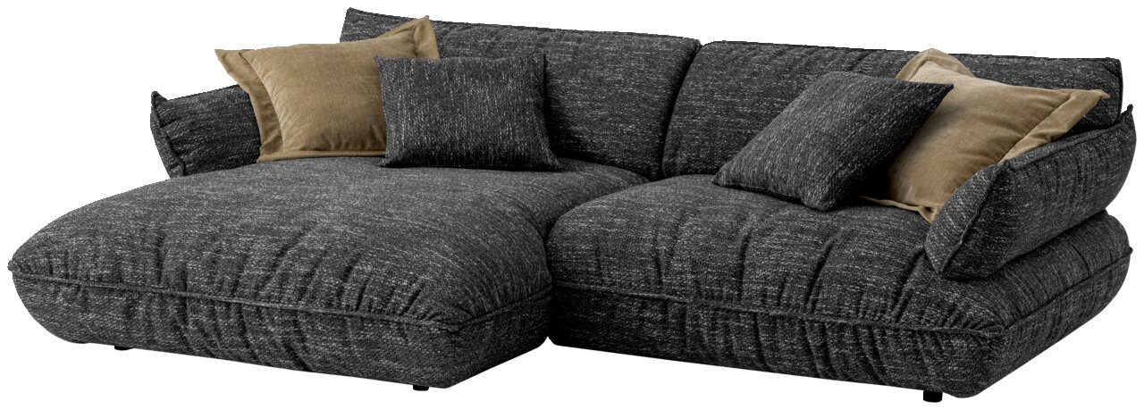 Graue Longchairkombination mit mehreren Kissen, seitliche Perspektive