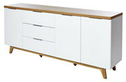 Modernes Sideboard in Weiß mit Holzoberfläche und schrägen Beinen, seitliche Perspektive