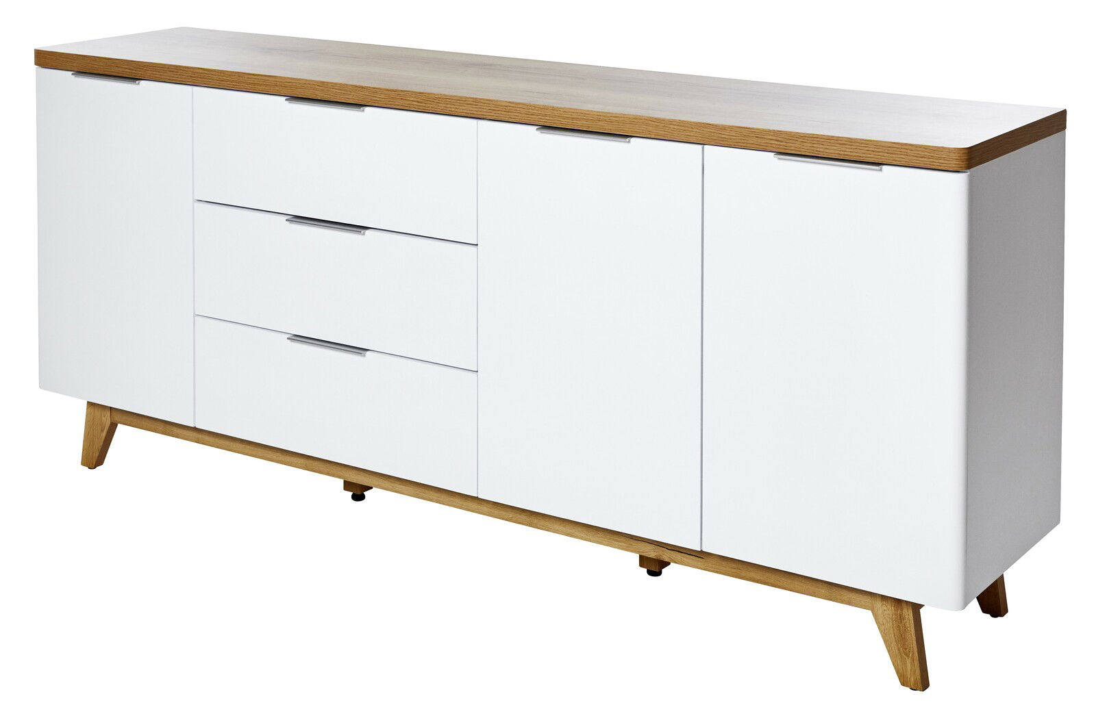 Modernes Sideboard in Weiß mit Holzoberfläche und schrägen Beinen, seitliche Perspektive