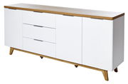Modernes Sideboard in Weiß mit Holzoberfläche und schrägen Beinen, seitliche Perspektive