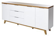 Modern dressoir in wit met houten afwerking en schuine poten, zijaanzicht