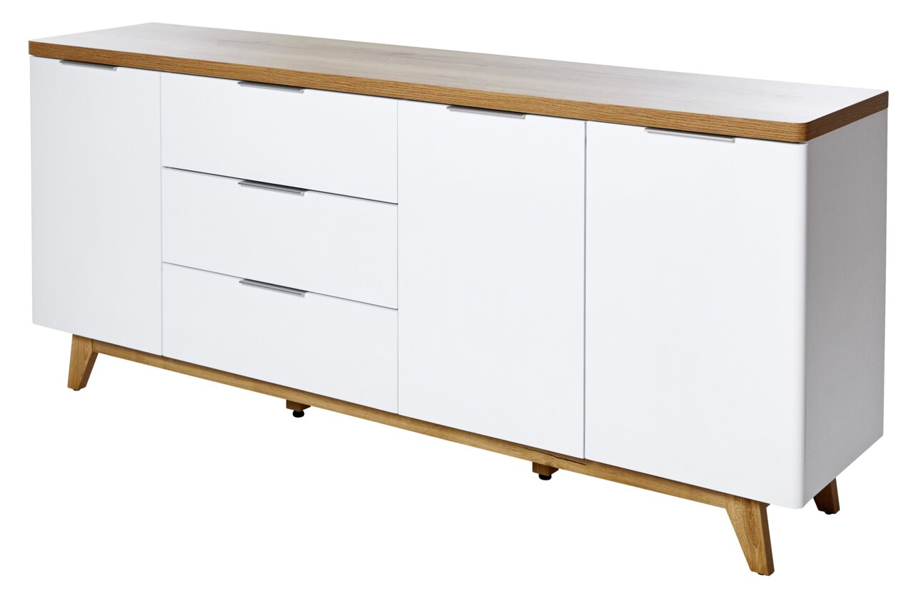 Modern dressoir in wit met houten afwerking en schuine poten, zijaanzicht
