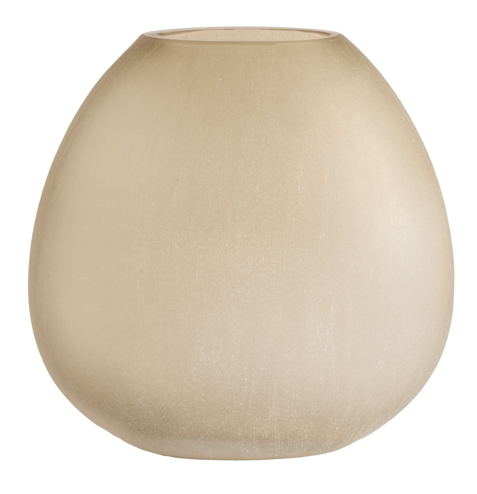 Beigefarbene, runde Vase aus Glas, frontal fotografiert