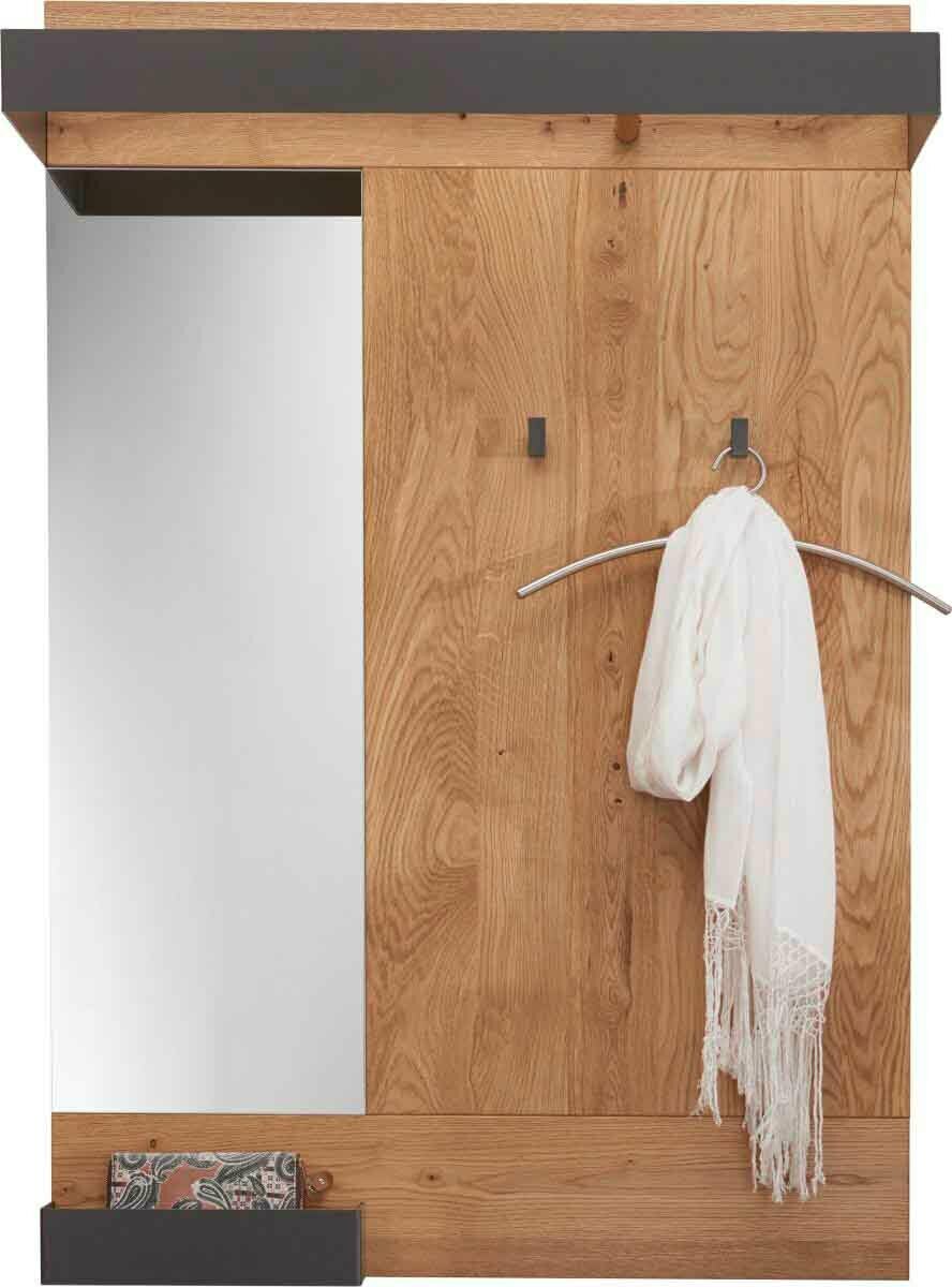 Garderobenpaneel aus Holz mit Spiegel, zwei Haken und Ablage, Frontalansicht