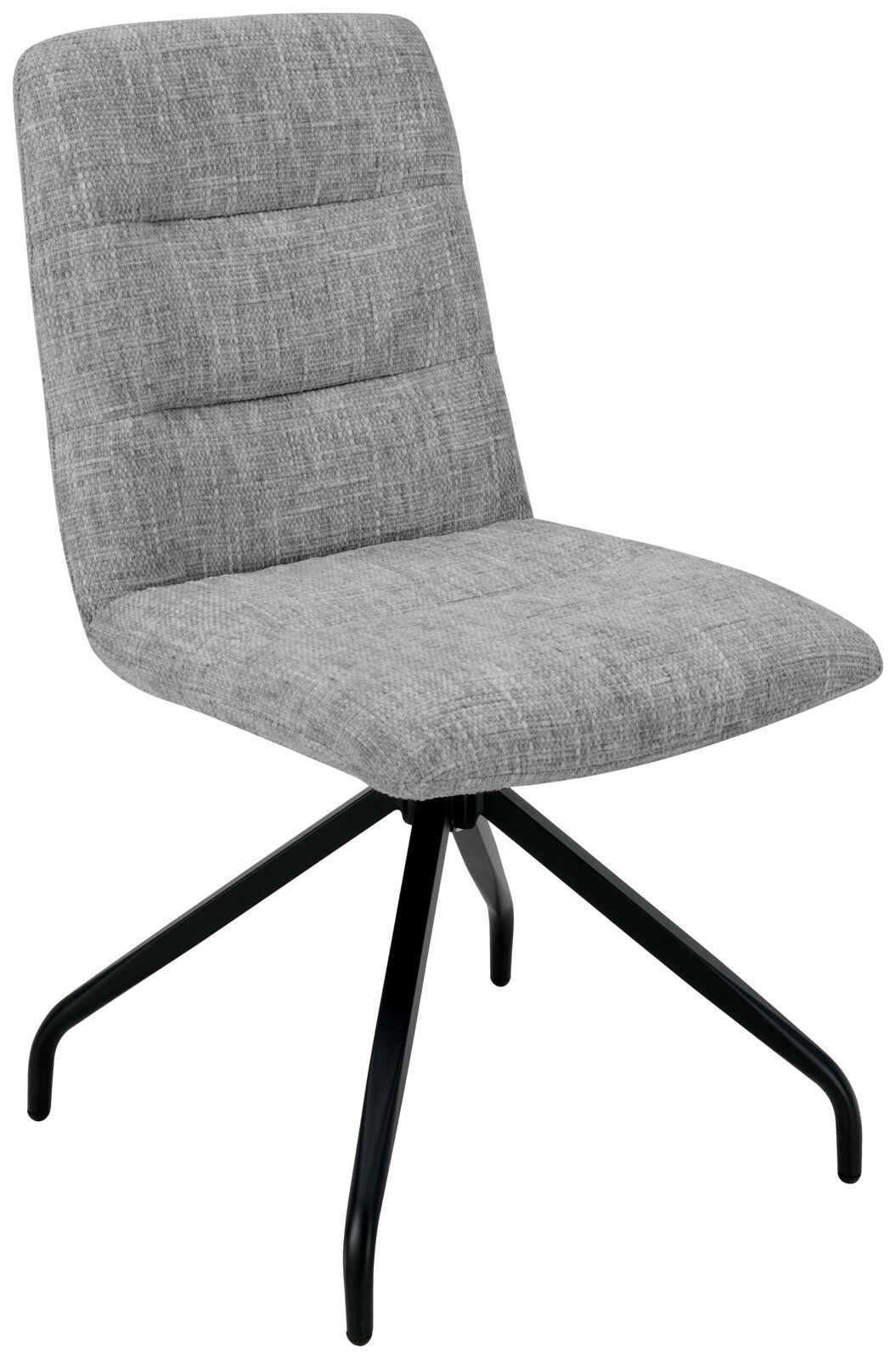 Grauer Stuhl mit gepolsterter Sitzfläche und Rückenlehne, schwarzes Metallgestell, seitliche Perspektive