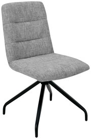 Grauer Stuhl mit gepolsterter Sitzfläche und Rückenlehne, schwarzes Metallgestell, seitliche Perspektive