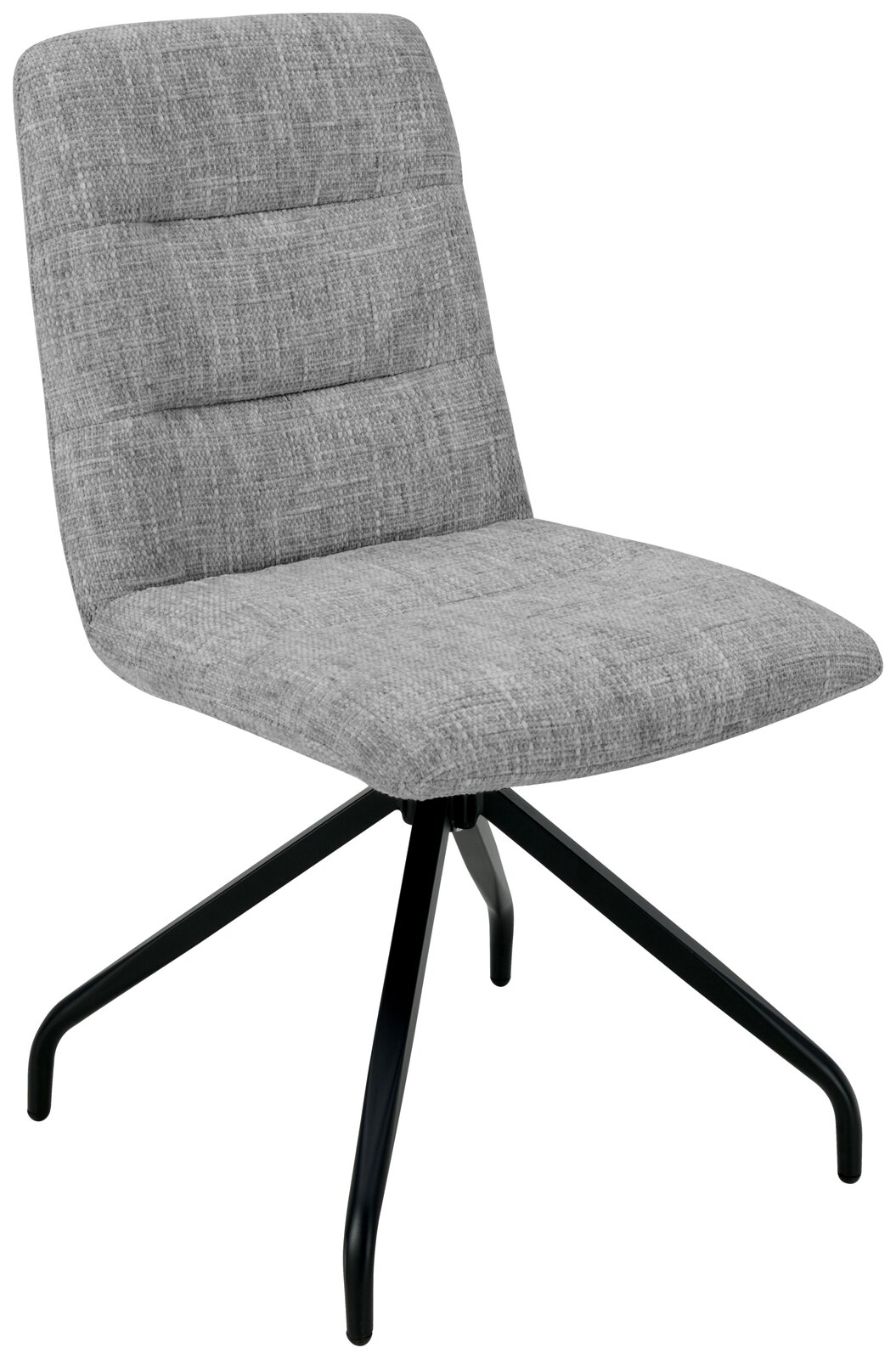 Grauer Stuhl mit gepolsterter Sitzfläche und Rückenlehne, schwarzes Metallgestell, seitliche Perspektive