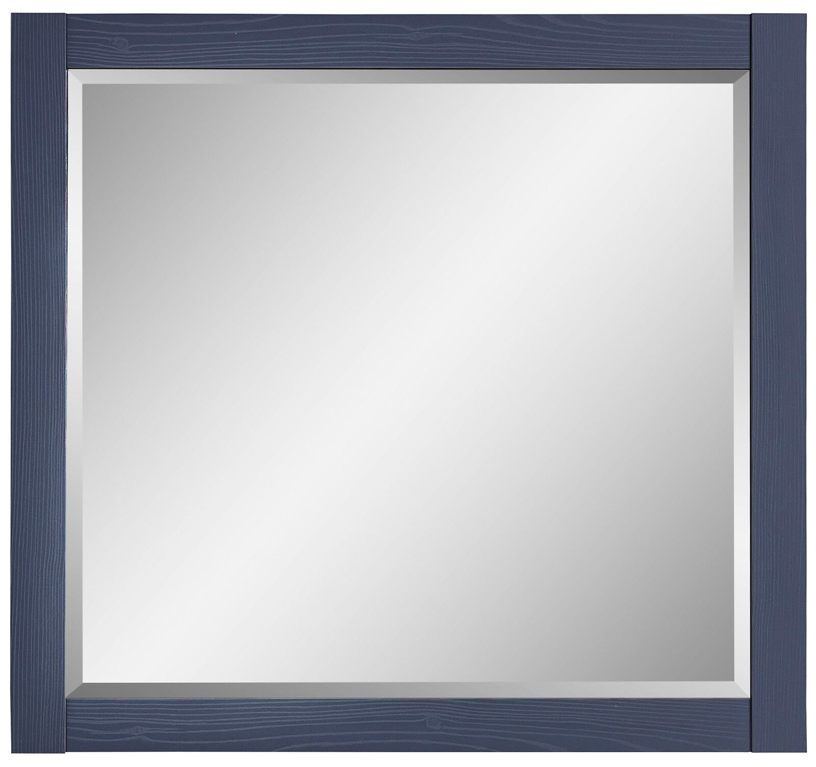 Quadratischer Spiegel mit dunkelblauem Holzrahmen, Frontalansicht