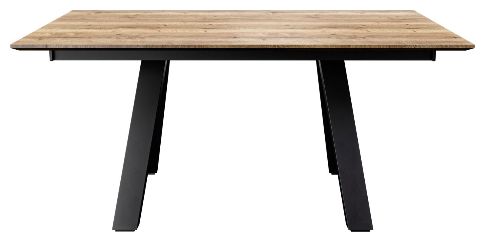 Moderner Esstisch mit Holzplatte und schwarzen Metallbeinen, Frontalansicht