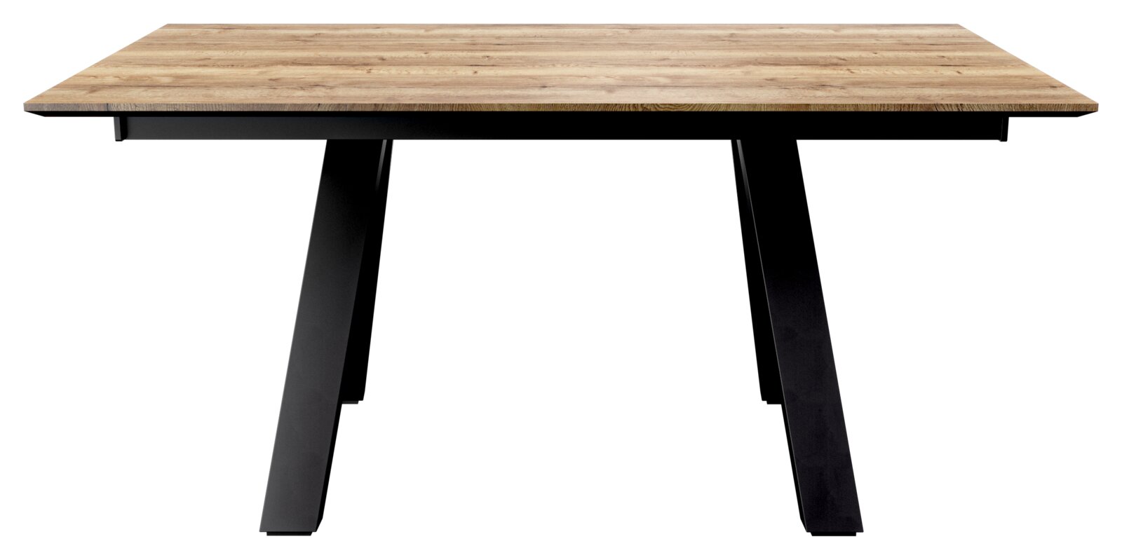 Moderner Esstisch mit Holzplatte und schwarzen Metallbeinen, Frontalansicht