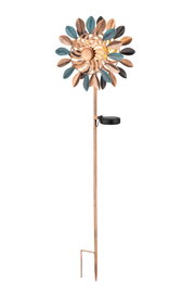 Zonne-lamp in de vorm van een decoratieve windmolen met kleurrijke wieken, zijaanzicht