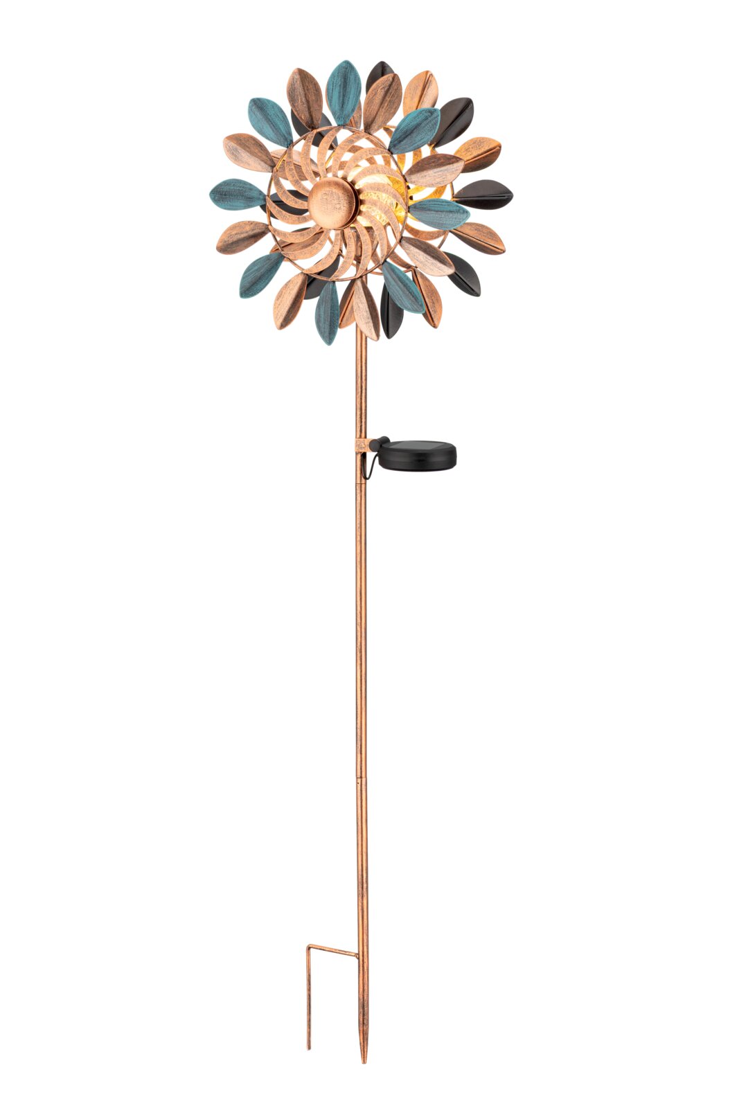 Zonne-lamp in de vorm van een decoratieve windmolen met kleurrijke wieken, zijaanzicht