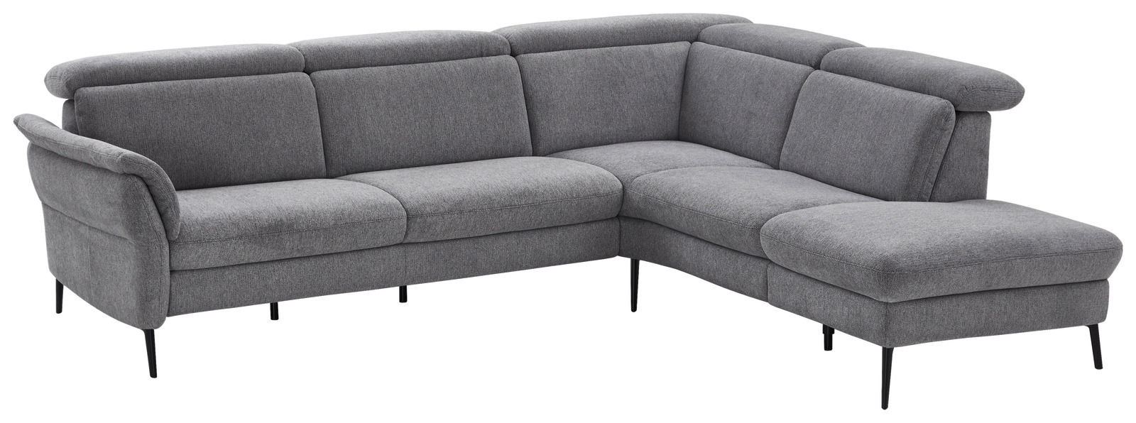 Graue Eckgarnitur mit modernem Design, Ansicht von schräg vorne.