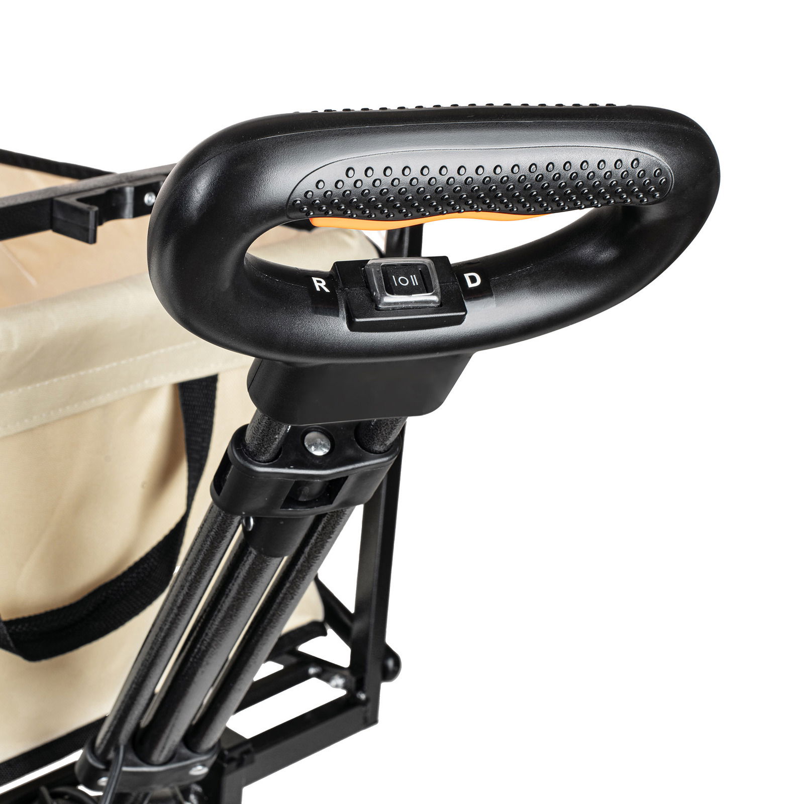 Nahaufnahme des Griffs eines elektrischen Bollerwagens mit Vorwärts- und Rückwärts-Schalter, seitliche Perspektive.