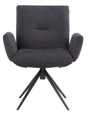 Vorderansicht eines modernen Armlehnstuhls mit dunklem Stoffbezug und schwarzem Metallgestell.