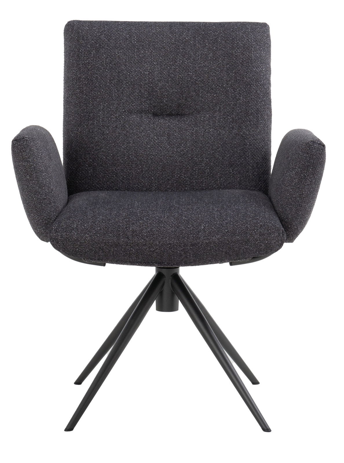 Vorderansicht eines modernen Armlehnstuhls mit dunklem Stoffbezug und schwarzem Metallgestell.