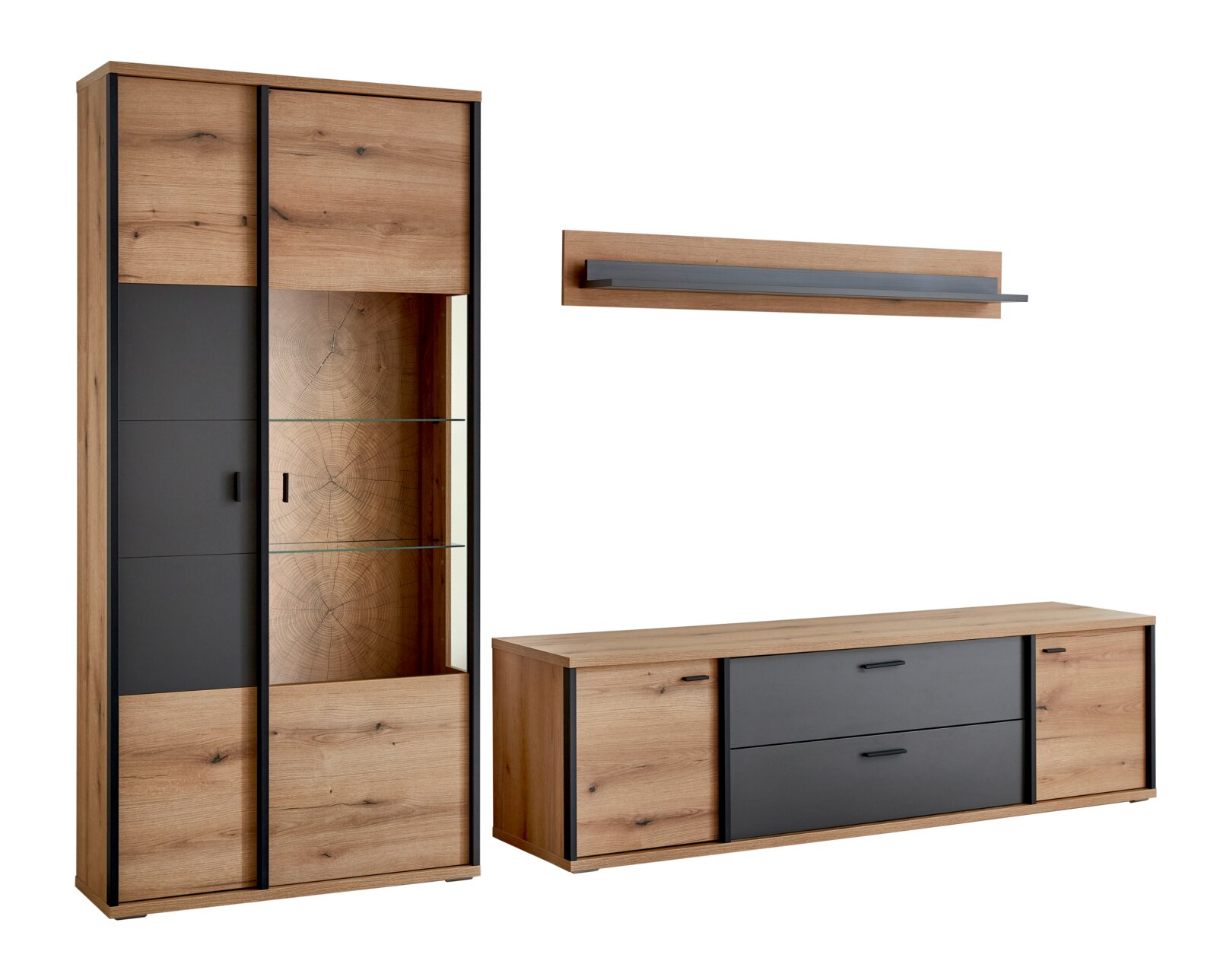 XORA Wandcombinatie MELO Moderne woonkamermeubelset in houtlook en antraciet, bestaande uit een vitrinekast (met glazen planken), een lowboard en een wandplank, vrijstaand in vooraanzicht met een licht perspectief