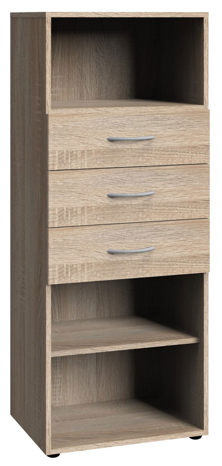 Holzregal mit drei Schubladen und zwei offenen Fächern, frontale Ansicht