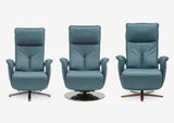 Drei blaue Relax-Sessel in Frontalansicht mit unterschiedlichen Fußgestellen.