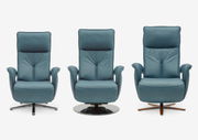 Drei blaue Relax-Sessel in Frontalansicht mit unterschiedlichen Fußgestellen.
