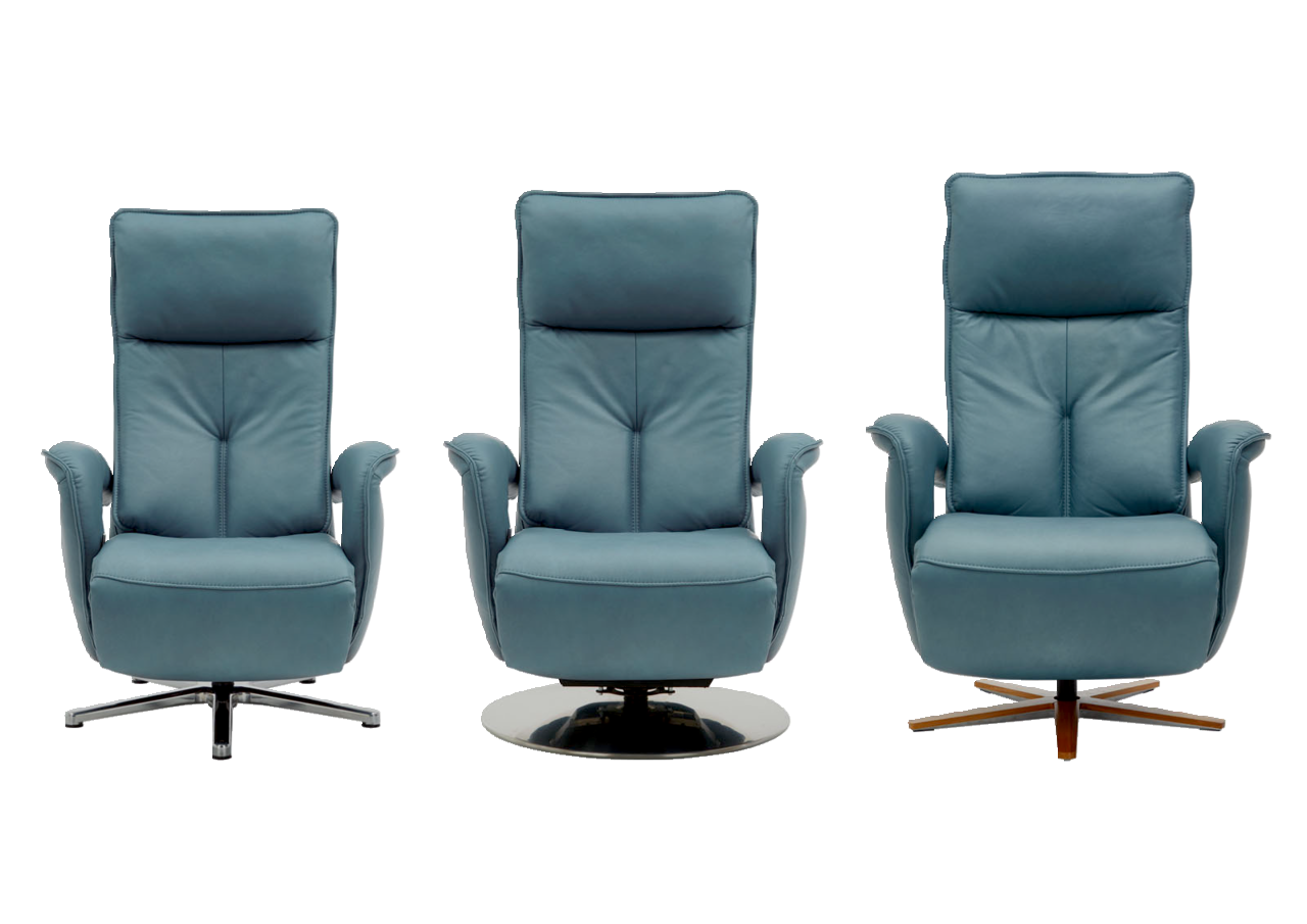 Drei blaue Relax-Sessel in Frontalansicht mit unterschiedlichen Fußgestellen.